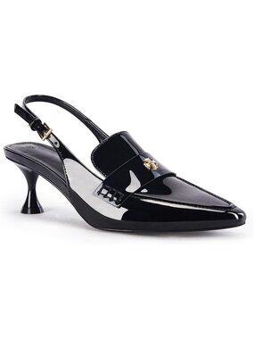 Women's Black Faux Leather Pointed Toe Slip On Ankle Buckle Kitten Heel Pumps